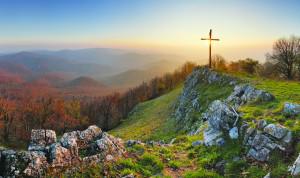 Autumn mountain panorama in Small Karpaty with cross