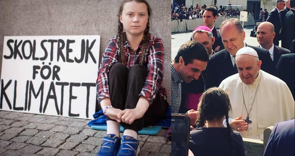 瑞典少女格蕾塔開始「Fridays For Future」為環境發聲，右圖為與教宗見面（圖／Greta Thunberg臉書）