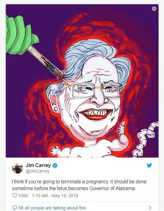金凱瑞漫畫嘲碸阿拉巴馬州長反墮胎法令，效果適得其反。（來源：jim carrey@twitter)