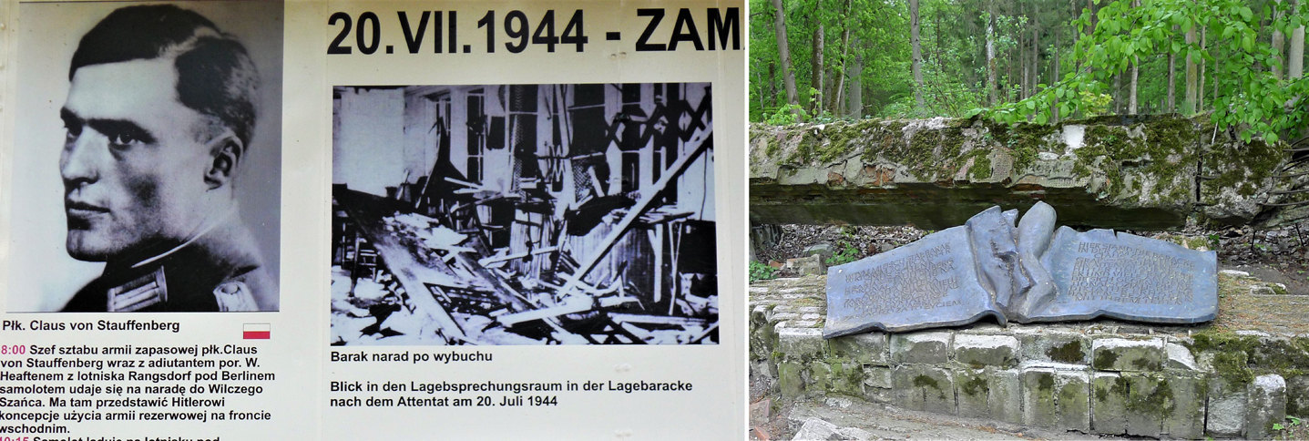 左：刺殺希特勒的德國軍官施陶芬貝與爆炸現場。右：書卷造型的碑記念720施陶芳貝刺殺事件。（王桂花／攝）