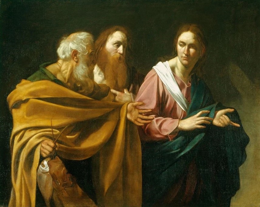 英國女王收藏的義大利畫家卡拉瓦喬名畫《聖彼得與聖安得烈的召喚》。畫中耶穌（右）呼召彼得（左）和安德烈（中）跟從他。（圖片來源:wiki commons)