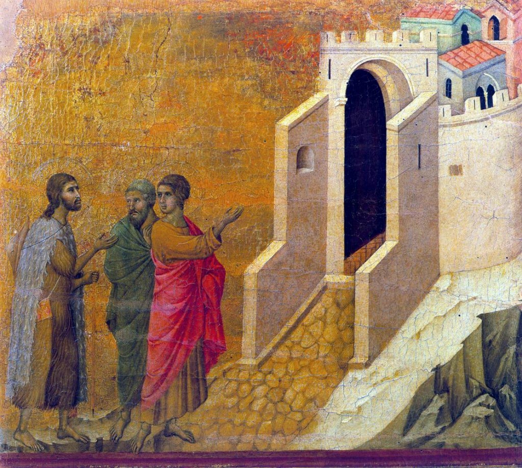DUCCIO di Buoninsegna Road to Emmaus (scene 26) 1308-11 Tempera on wood, 51 x 57 cm Museo dell'Opera del Duomo, Siena