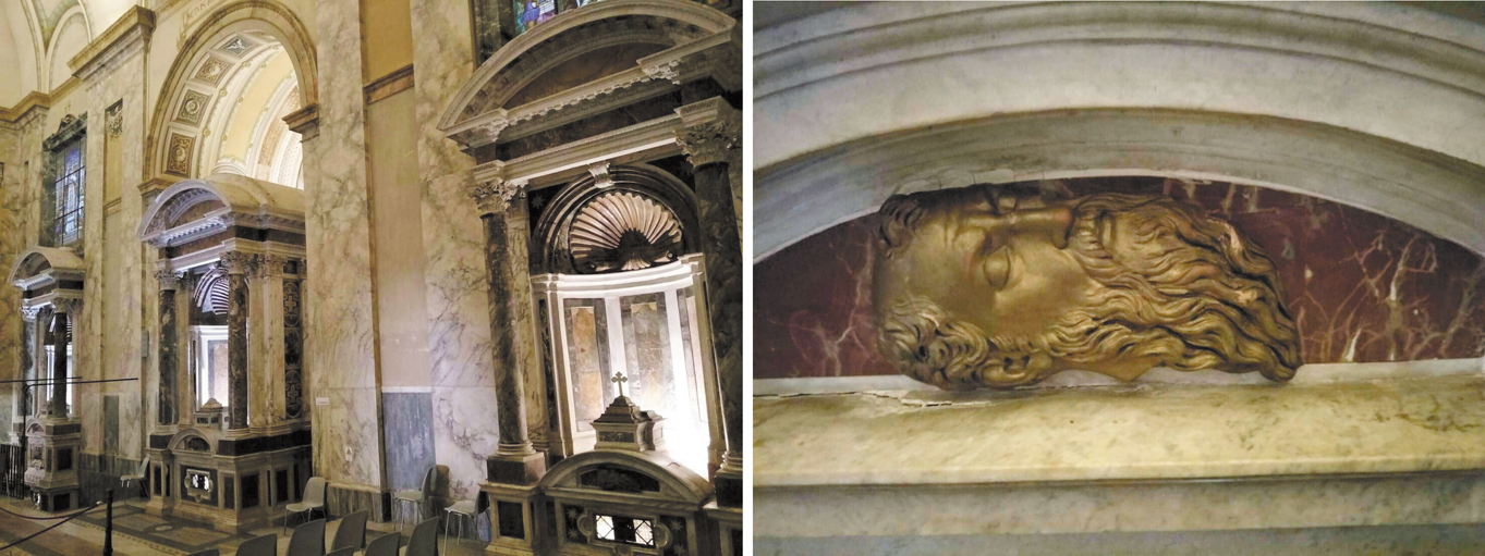 三泉修道院內的聖保羅堂建於保羅遭斬首處，內有三處古泉水遺址，飾以保羅頭顱像（見右圖）。作者攝影。