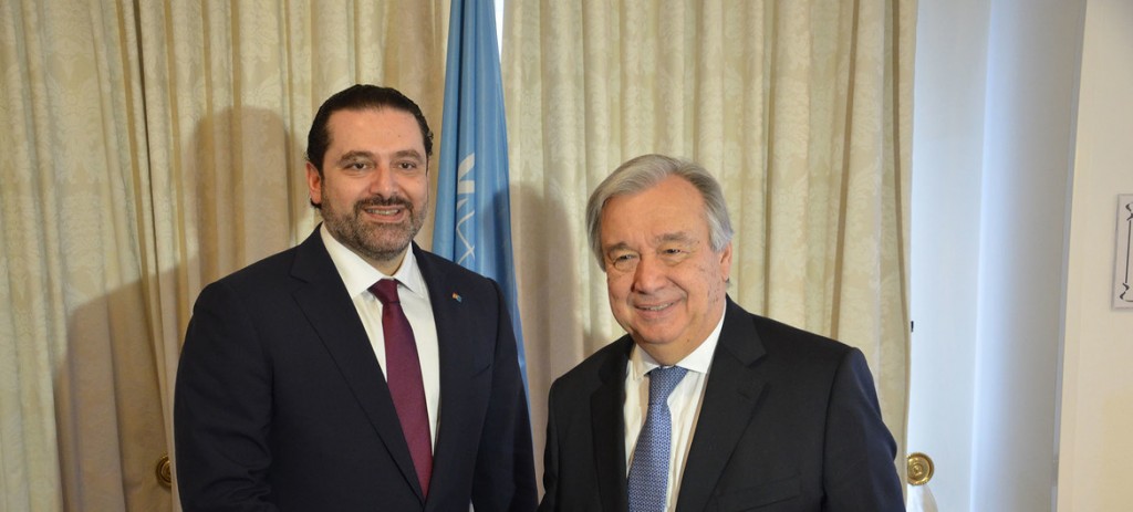 2017年4月4日，秘書長古特雷斯在布魯塞爾會見黎巴嫩總理哈里里。（圖片來源: UN Photo/Christophe Verhellen）