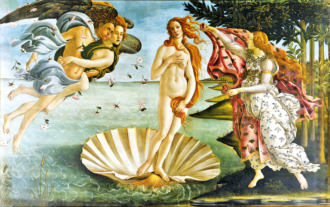 《維納斯的誕生》，波提且利1482-6年繪製。文藝復興畫家常透過希臘神話，表現人間有愛有慾的生活。