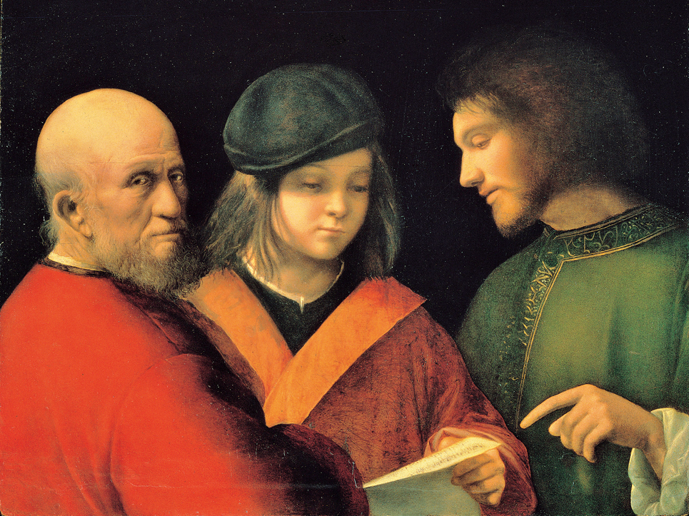 《男人的三個年齡階段》，吉奧喬尼，約1500年繪。這幅畫作以少年、青年、老人三個男人為題，處理時光的流逝，充分反映人文主義「人為萬物之尺度」的信念，將三名男子畫得神采奕奕、自信滿滿。