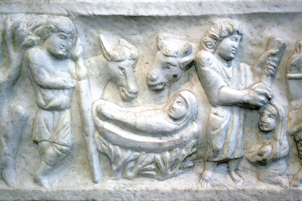 圖1. 石棺浮雕細部；marble sarcophagus of Marcus Claudianus, Nativity Scene (detail), 330-335 AD. From: Via della Lungara next S. Giacomo in Settimania, Rome. 源出: Jean-Pol GRANDMONT (CC BY-SA 3.0)