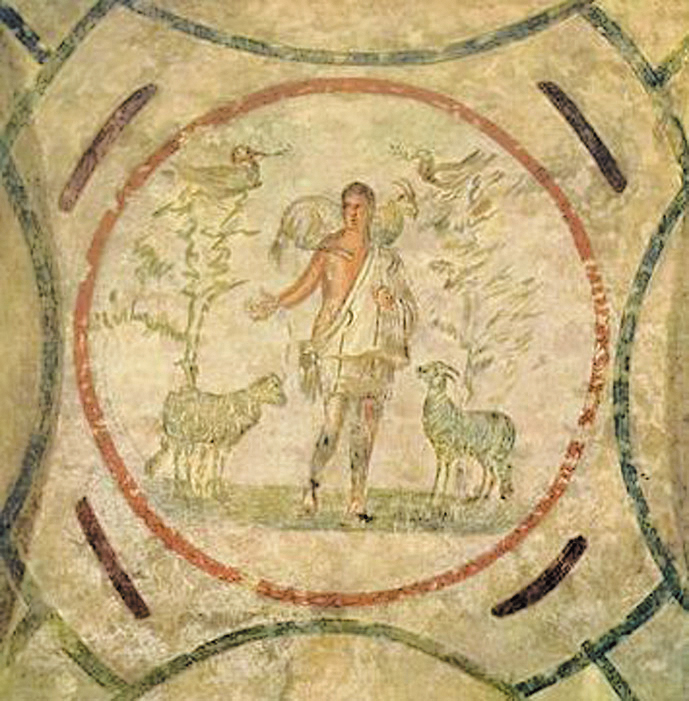 圖2. Good Shepherd in catacomb of Priscilla, Second half of the 3rd century; copied by Wilpert, Joseph,1903  源出: [Public domain], via Wikimedia Commons