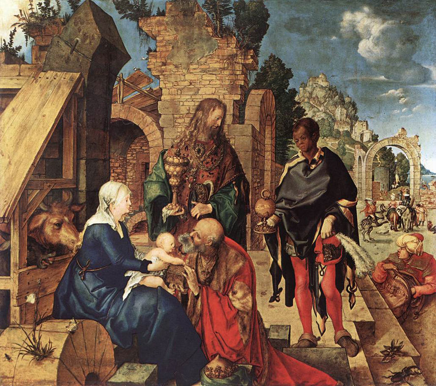 圖5. Alrecht D?rer, Adoration of the Magi, 1504; oil on panel, 100 × 114 cm; Uffizi Gallery, Florecne. 源出: [Public Domain], via Wikimedia Commons