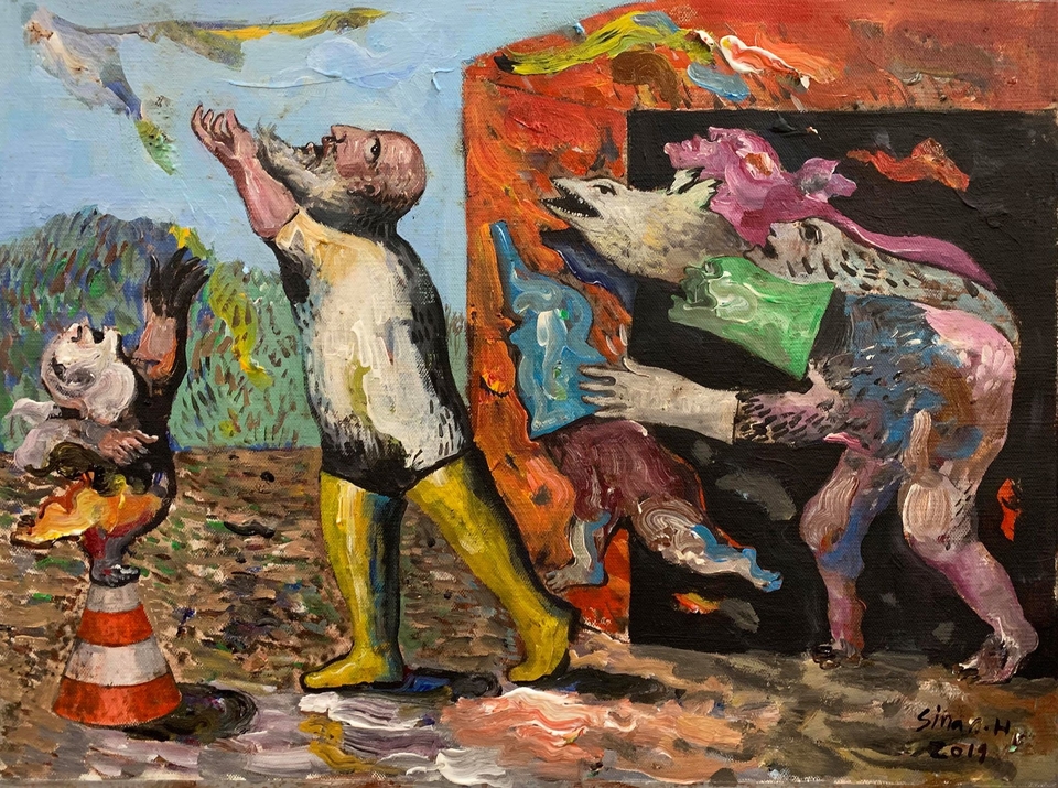 加州迦勒底基督教抽象派畫家蓋亞斯・辛迪有畫作──「有憐憫心的人」。（圖／Facebook@CARAVAN Arts)