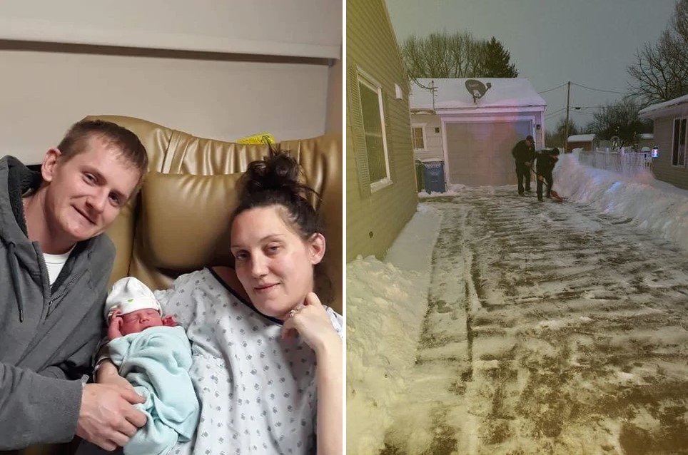 左圖為新生兒和他的父母。右圖爲消防員幫產婦一家剷雪。 （photo credit: Larissa Ruffin）