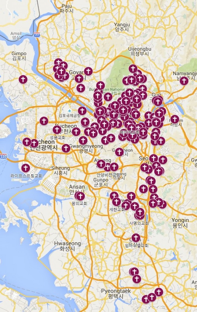 取消主日崇拜的韓國教會分布圖（ Google Map, News & Joy制作）
