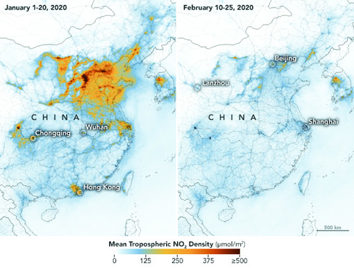 ↑因經濟放緩，中國空氣汙染明顯改善。（來源：NASA）