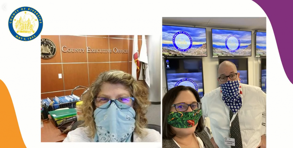 河濱郡衛生局人員沒有口罩，按 川普說的，用手帕和圍巾包 臉。（圖／Facebook@Riverside University Health System影片截圖）