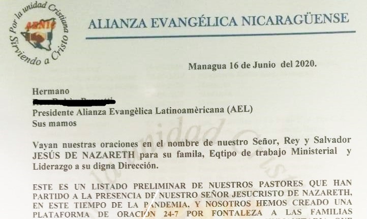 尼加拉瓜福音聯盟的文件，列出了44位在新冠肺炎疫情間死亡的牧師名單與死亡日期。