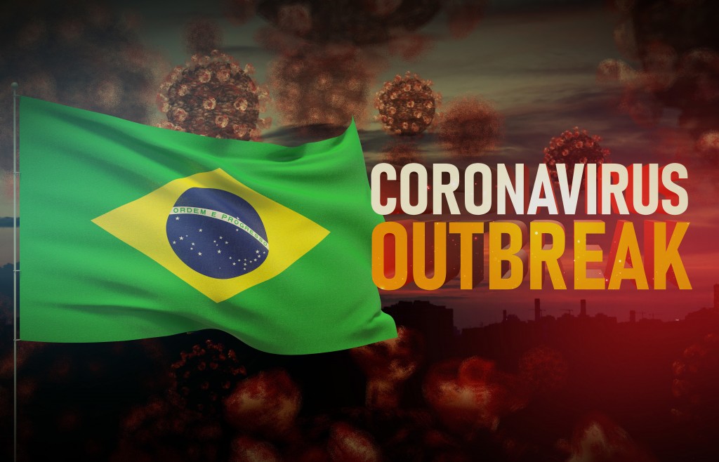 Coronavirus COVID-19 outbreak concept with flag of Brazil. Pandemic 3D illustration.