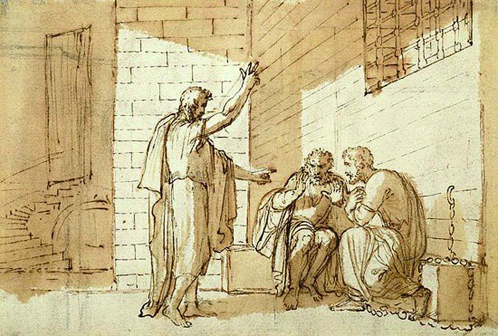 保羅為歸信的 阿尼西母（ 雙 臂交叉者） 祝福禱告， Benjamin West 繪於1780年。