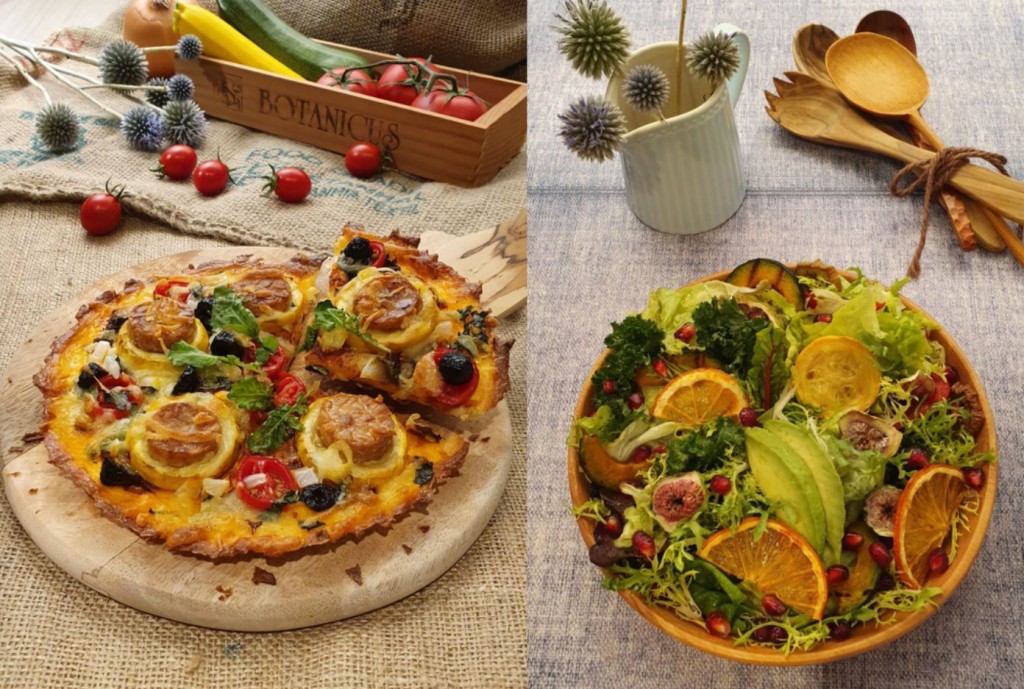 （左）為減醣料理之無麵粉麻葉披薩和果乾沙拉
