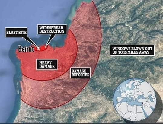 貝魯特爆炸及受影響範圍。（圖／Abohmza Hmza臉書）
