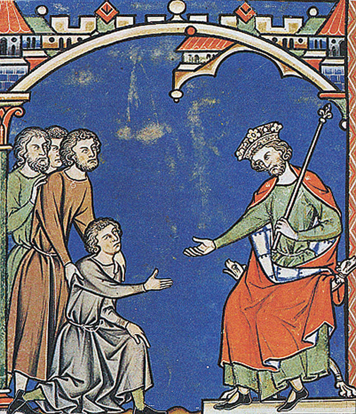Mephibosheth kneels before David;  1240s; Maciejowski Bible, Leaf 40